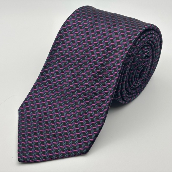 Oak Hall Geometric Design Silk Necktie Tie-Purple/Green/Black - Picture 1 of 4